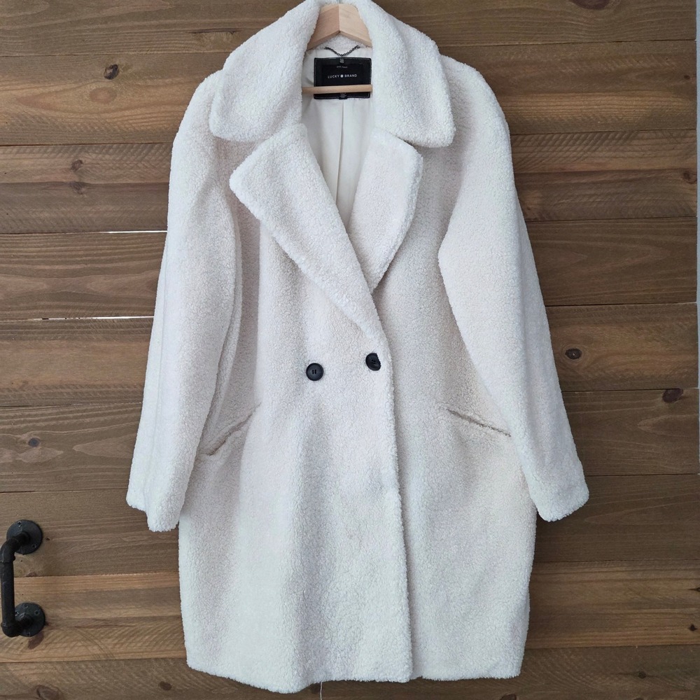 Lucky Brand Teddy Coat Cream Faux Fur Double Breasted Jacket Womens 1X
